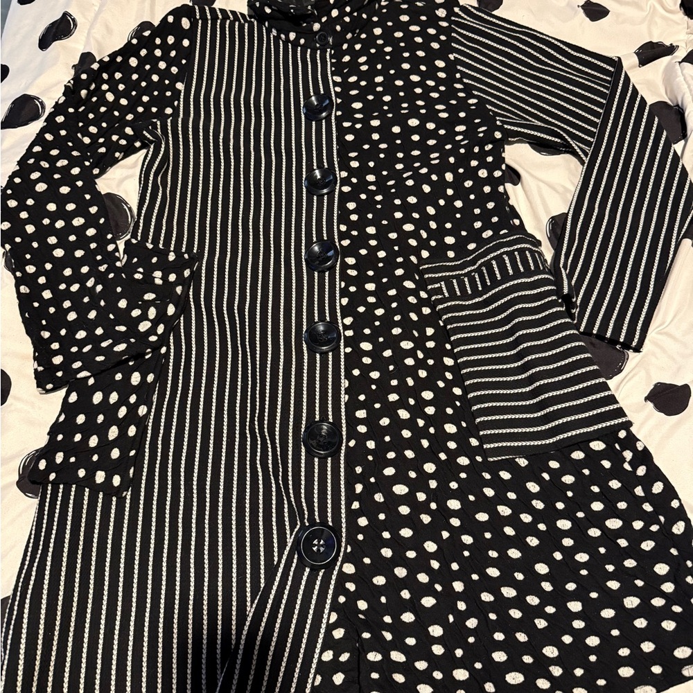 Black and White Polka Dot and Stripe Sweater Coat Women’s small